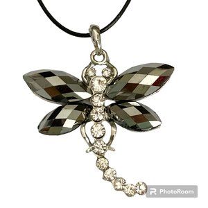 Vtg Dragonfly Necklace Pendant Insect Gray Crystal Silver Plated Black Cord 18"